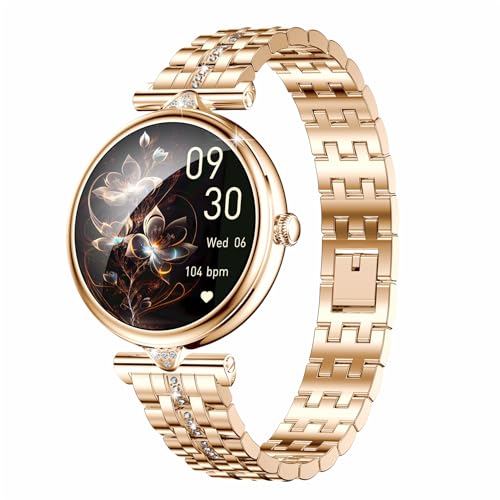 JUSUTEK 2025 革新 ダイヤバンドレディーススマートウォッチ通話機能付き,1.28インチAMOLED可愛い腕時計,センサ機能,Bluetooth5.2,smart watch,音楽制御,リモコン撮影，280以上文字盤自由設定,Hband,女性機能,電卓,Line通知,着信表示,iphone&コンパチブル対応,贈り物,日本語対応,日本語説明書付き (金三株鋼)